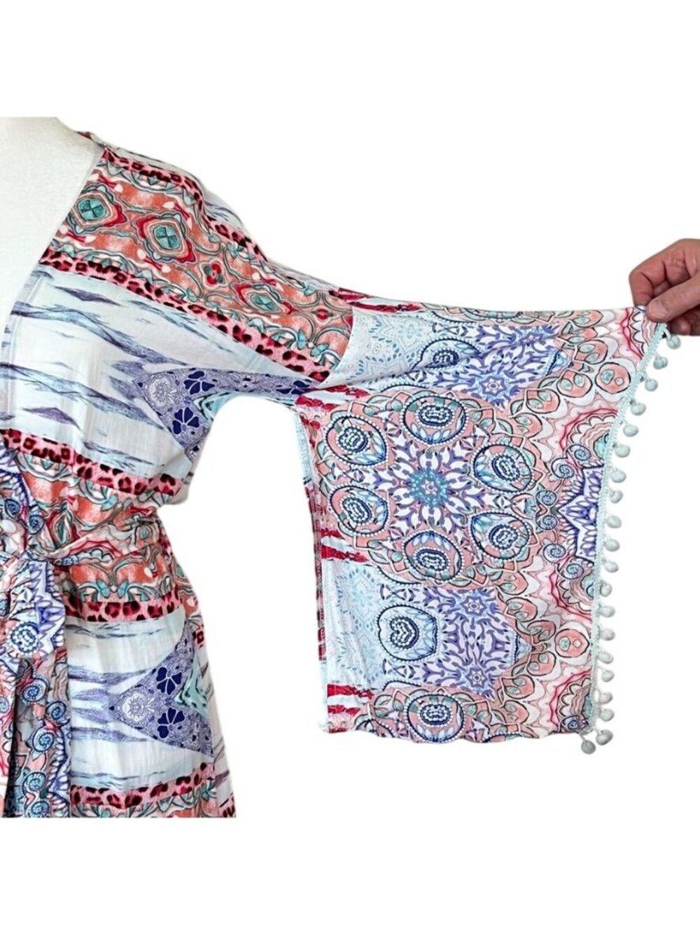 Jaase Womens Sz L Boho Patchwork Maxi Kimono Robe Pom Pom Beach Cover Up - Picture 5 of 14